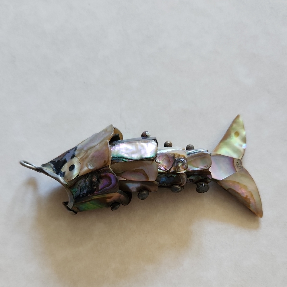 Vintage Mexican silver and abalone shell articulated fish bottle opener pendant